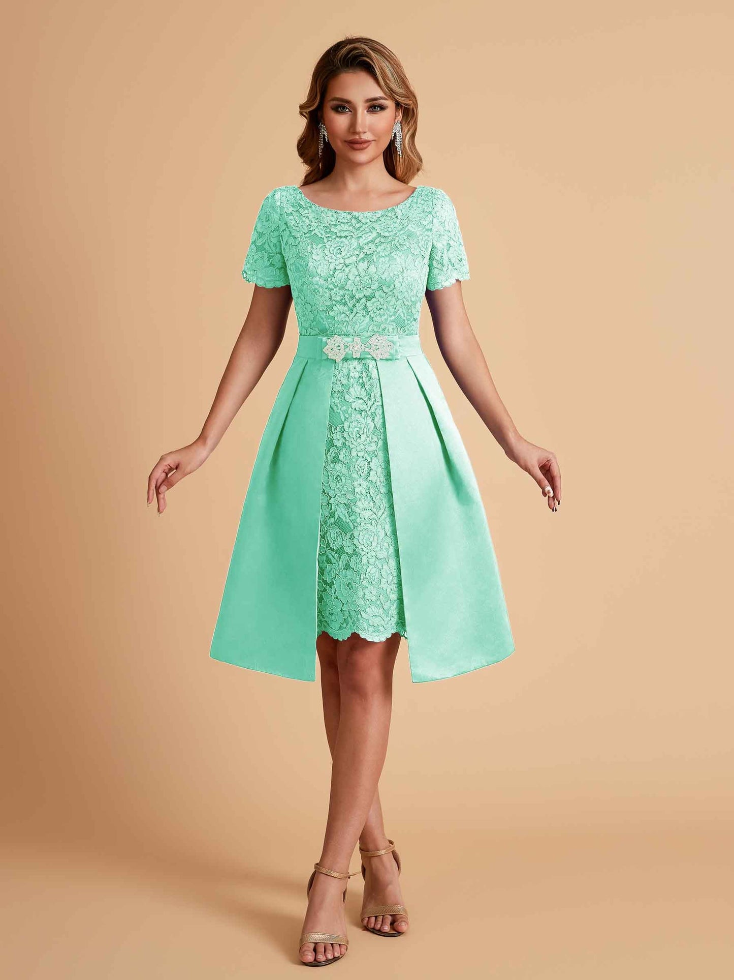 Elegant A-line Short Sleeves Jewel Knee Length Mother of the Brides Dresses