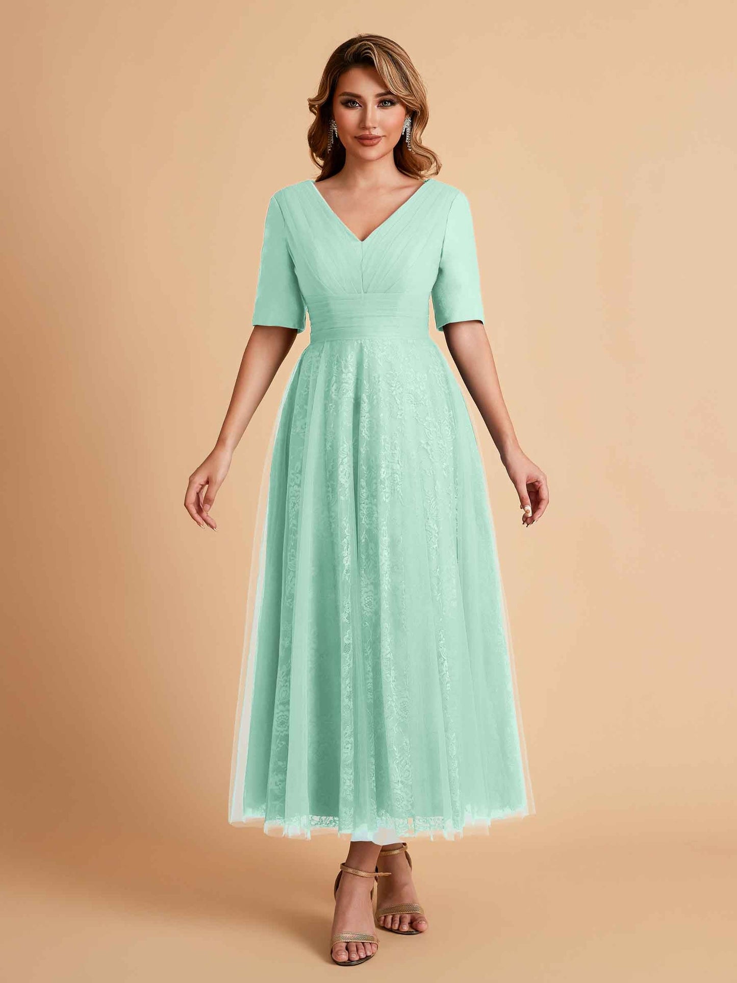 Elegant A-line Half Sleeves V-neck Mother of the Brides Dresses Online