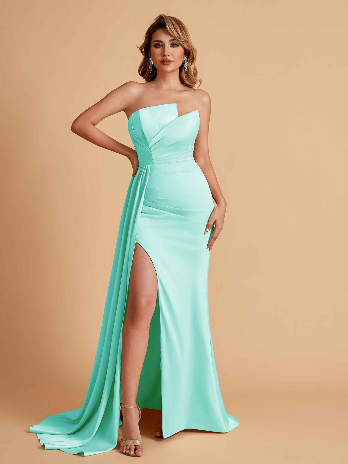 Elegant Satin Sleeveless Asymmetrical Mermaid Side Slit Floor Length Bridesmaid Dresses