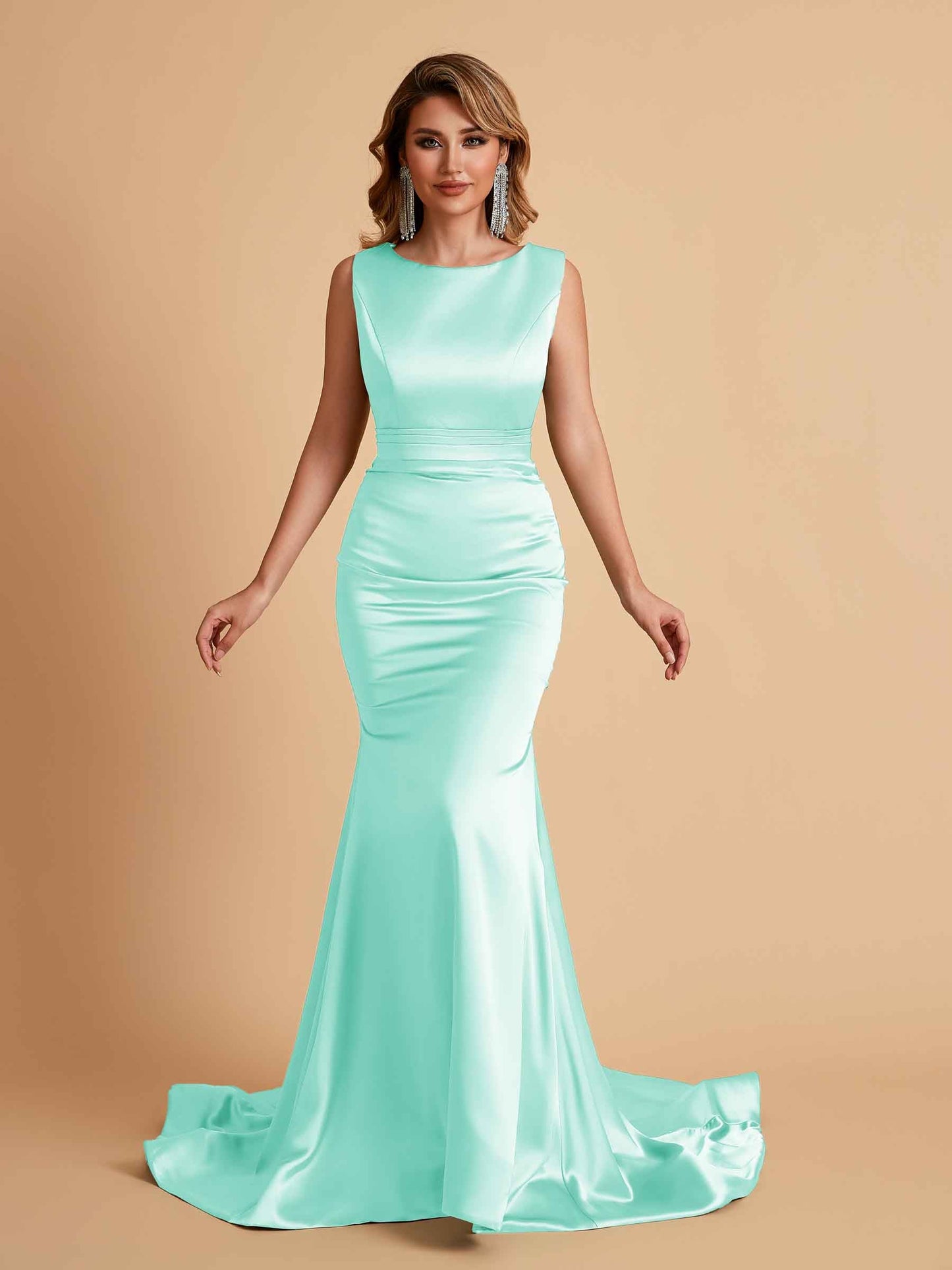 Elegant Satin Sleeveless Pleats Mermaid Bridesmaid Dresses Floor Length