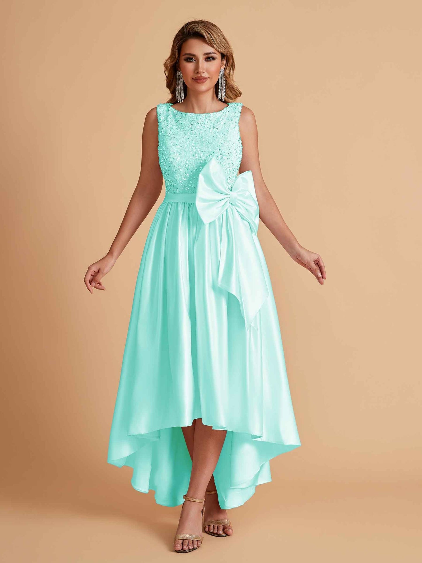 Sparkly Satin Sleeveless Pleats A-line Bridesmaid Dresses High-Low