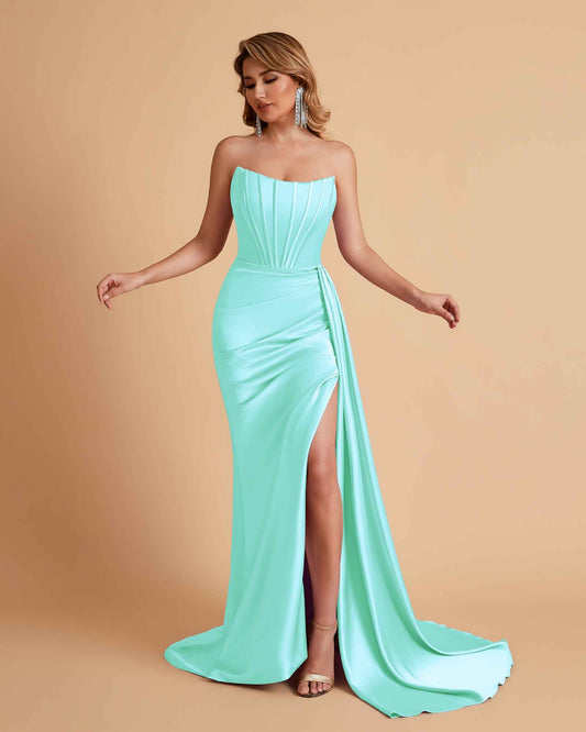 Sexy Satin Sleeveless Pleats Mermaid Bridesmaid Dresses Side Slit Floor Length