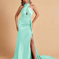 Elegant Satin Halter Pleats Side Slit Mermaid Bridesmaid Dresses Floor-Length
