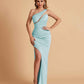 Sexy Satin One Shoulder Mermaid Bridesmaid Dresses Side Slit Floor Length