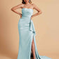 Sexy Satin Side Slit Strapless Pleats Floor Length Mermaid Bridesmaid Dresses