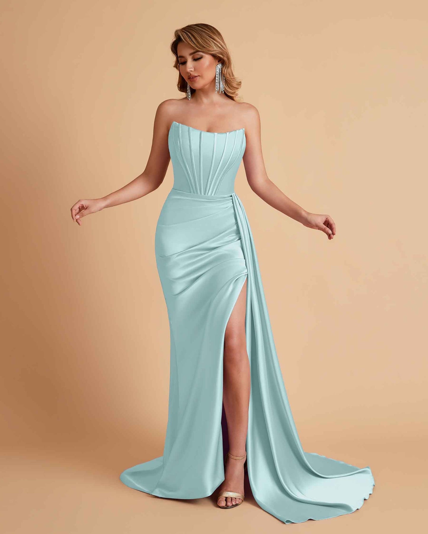 Sexy Satin Sleeveless Pleats Mermaid Bridesmaid Dresses Side Slit Floor Length