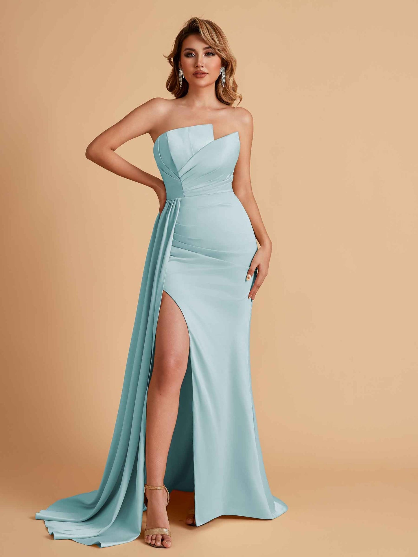 Elegant Satin Sleeveless Asymmetrical Mermaid Side Slit Floor Length Bridesmaid Dresses