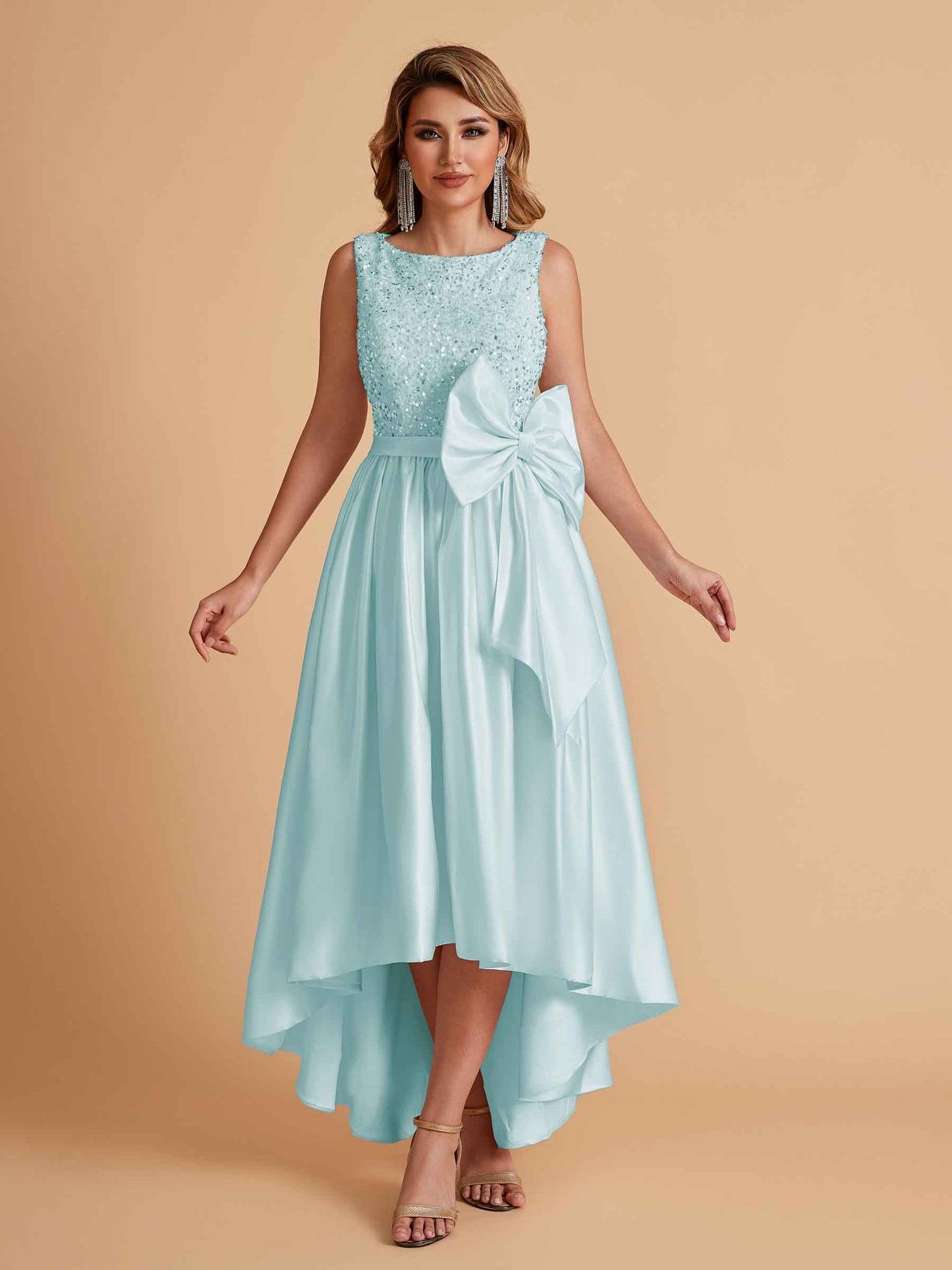 Sparkly Satin Sleeveless Pleats A-line Bridesmaid Dresses High-Low