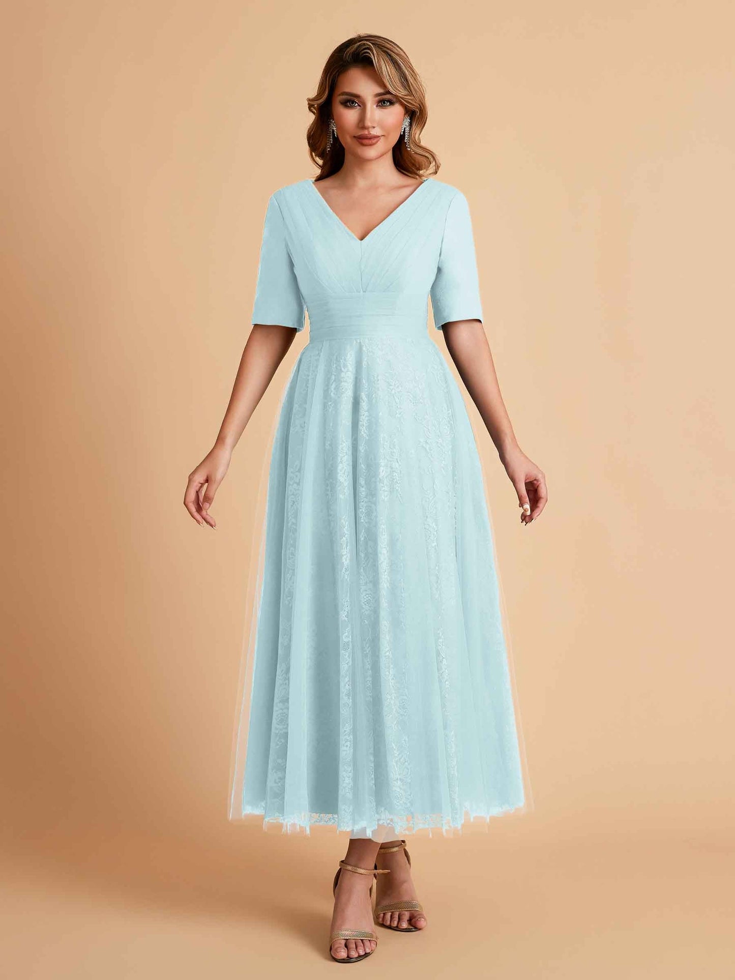 Elegant A-line Half Sleeves V-neck Mother of the Brides Dresses Online