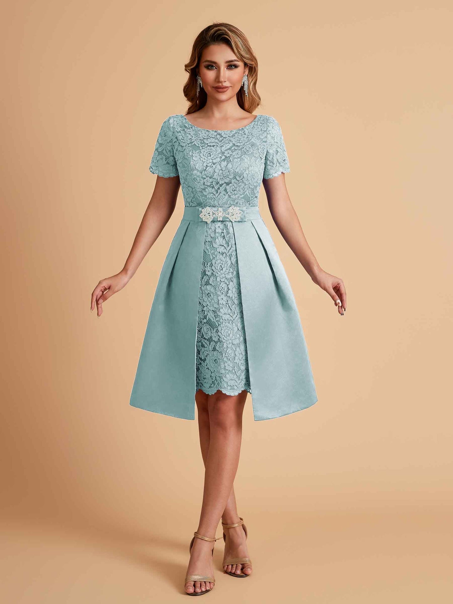 Elegant A-line Short Sleeves Jewel Knee Length Mother of the Brides Dresses