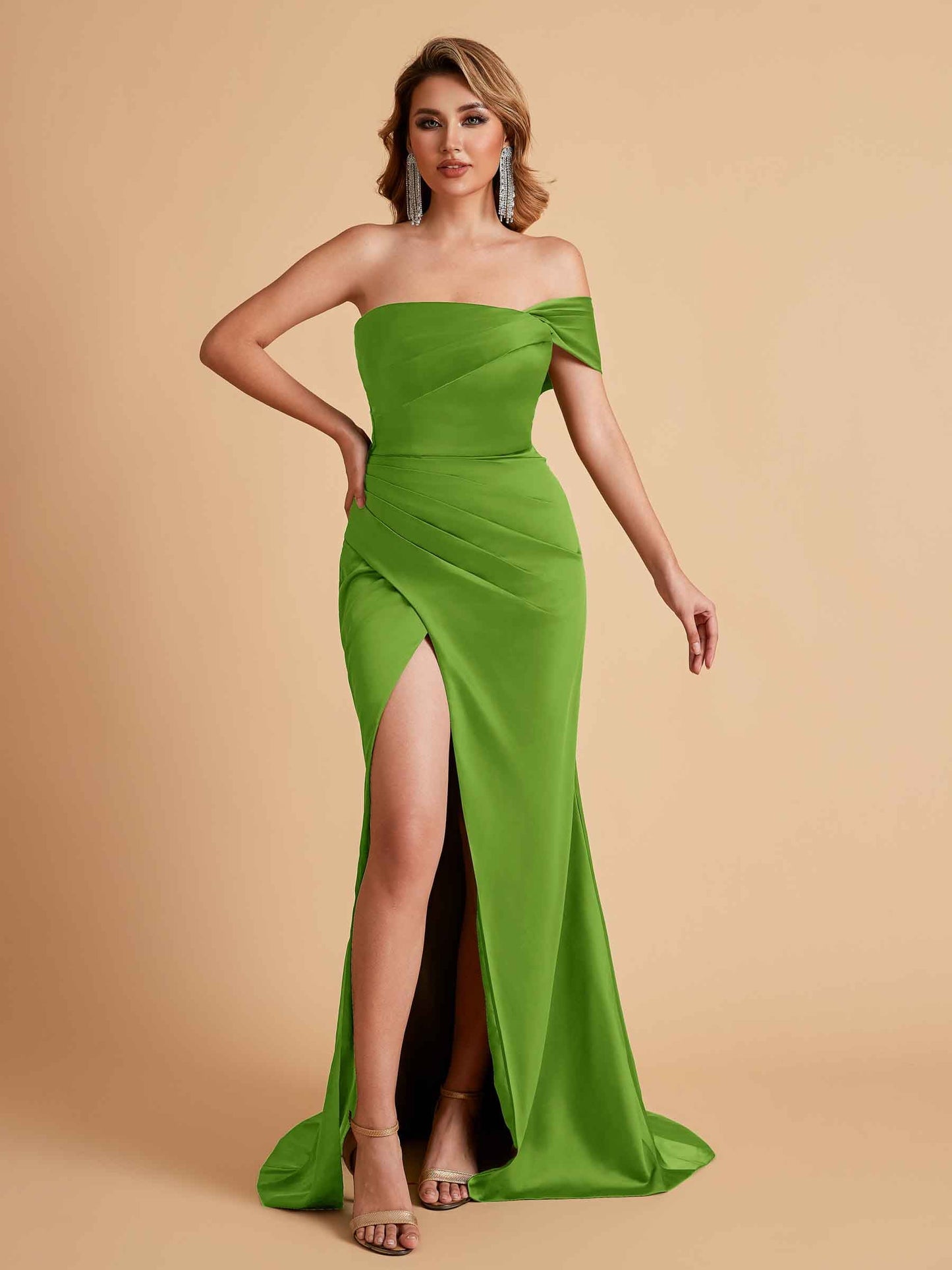 Sexy Satin One Shoulder Pleats Mermaid Bridesmaid Dresses Side Slit Floor Length