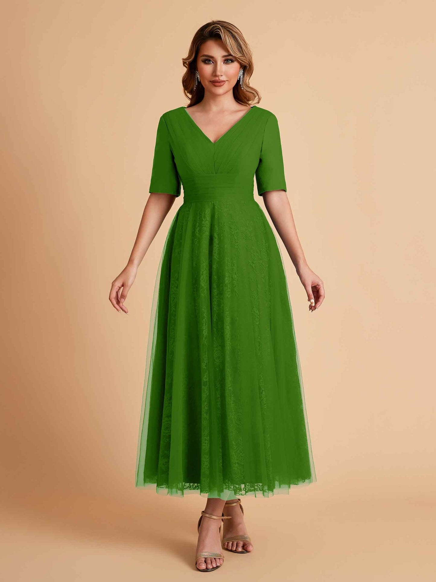 Elegant A-line Half Sleeves V-neck Mother of the Brides Dresses Online