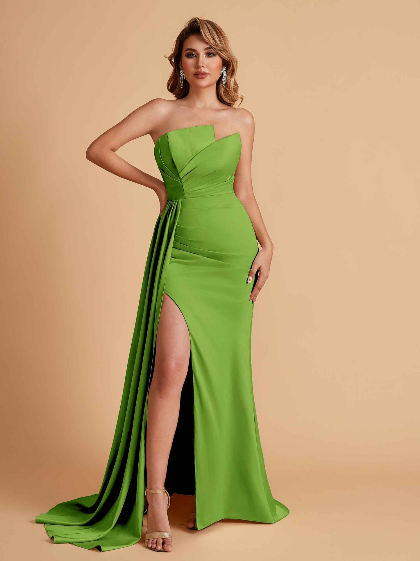 Elegant Satin Sleeveless Asymmetrical Mermaid Side Slit Floor Length Bridesmaid Dresses