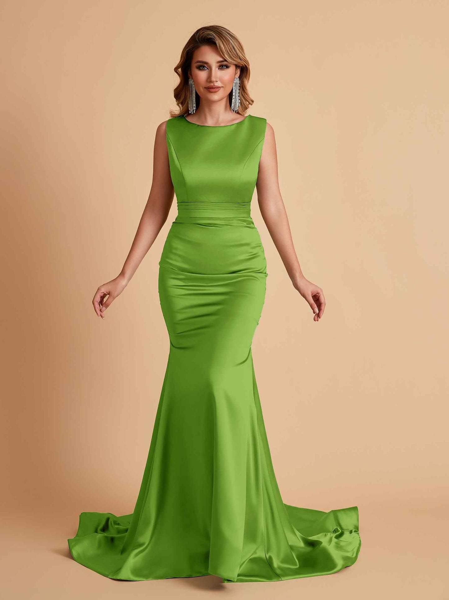 Elegant Satin Sleeveless Pleats Mermaid Bridesmaid Dresses Floor Length