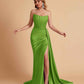 Sexy Satin Sleeveless Pleats Mermaid Bridesmaid Dresses Side Slit Floor Length