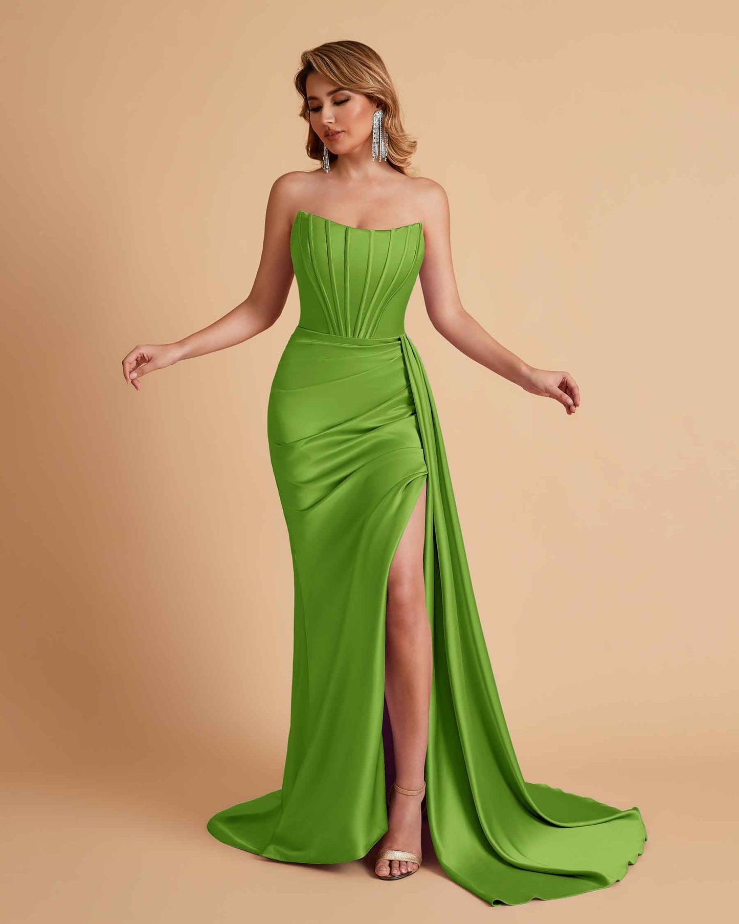 Sexy Satin Sleeveless Pleats Mermaid Bridesmaid Dresses Side Slit Floor Length