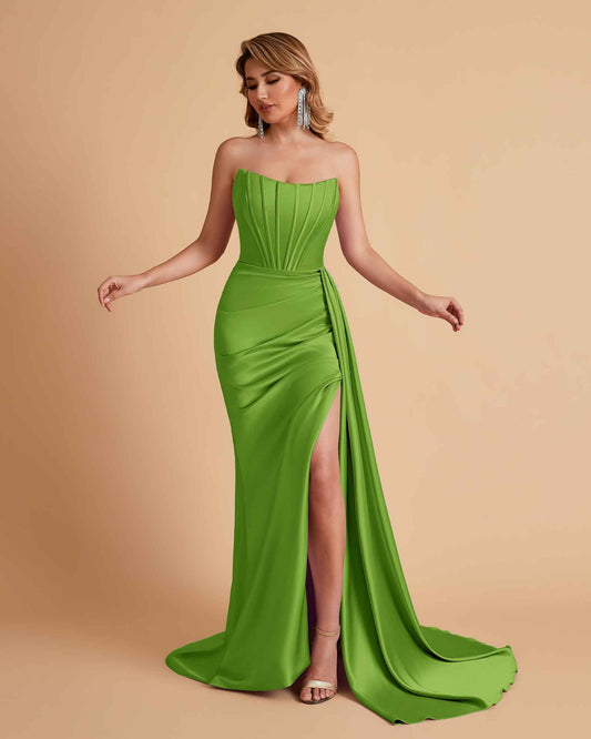 Sexy Satin Sleeveless Pleats Mermaid Bridesmaid Dresses Side Slit Floor Length