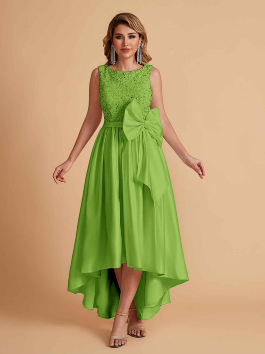 Sparkly Satin Sleeveless Pleats A-line Bridesmaid Dresses High-Low