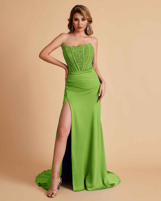 Sexy Satin Strapless Side Slit Floor Length Lace Mermaid Bridesmaid Dresses