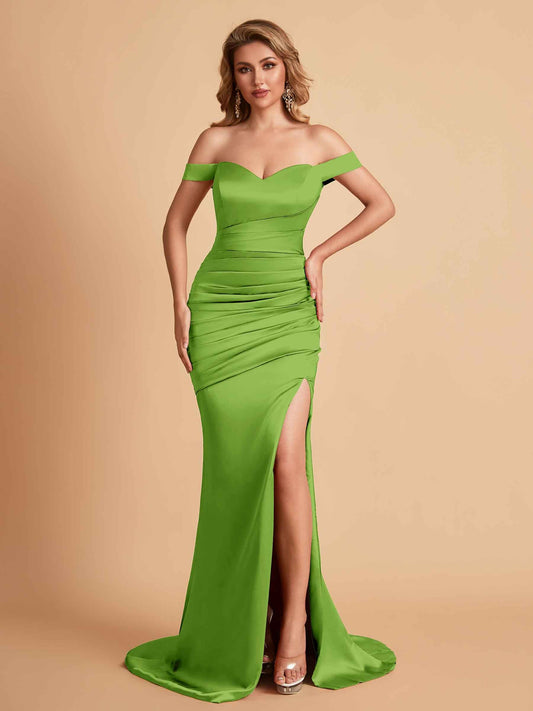 Sexy Soft Satin Off Shoulder Pleats Side Slit Floor-Length Mermaid Bridesmaid Dresses Online