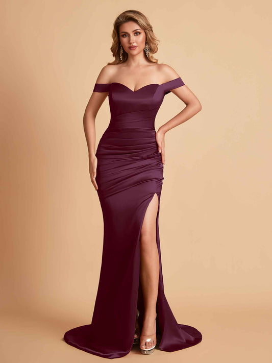 Sexy Soft Satin Off Shoulder Pleats Side Slit Floor-Length Mermaid Bridesmaid Dresses Online