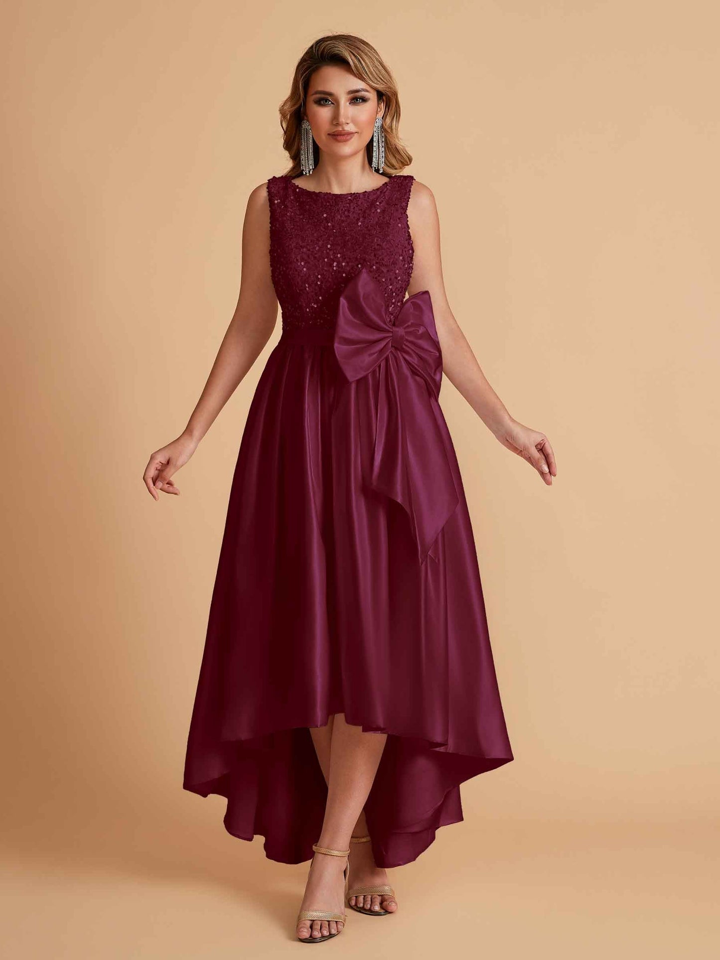Sparkly Satin Sleeveless Pleats A-line Bridesmaid Dresses High-Low