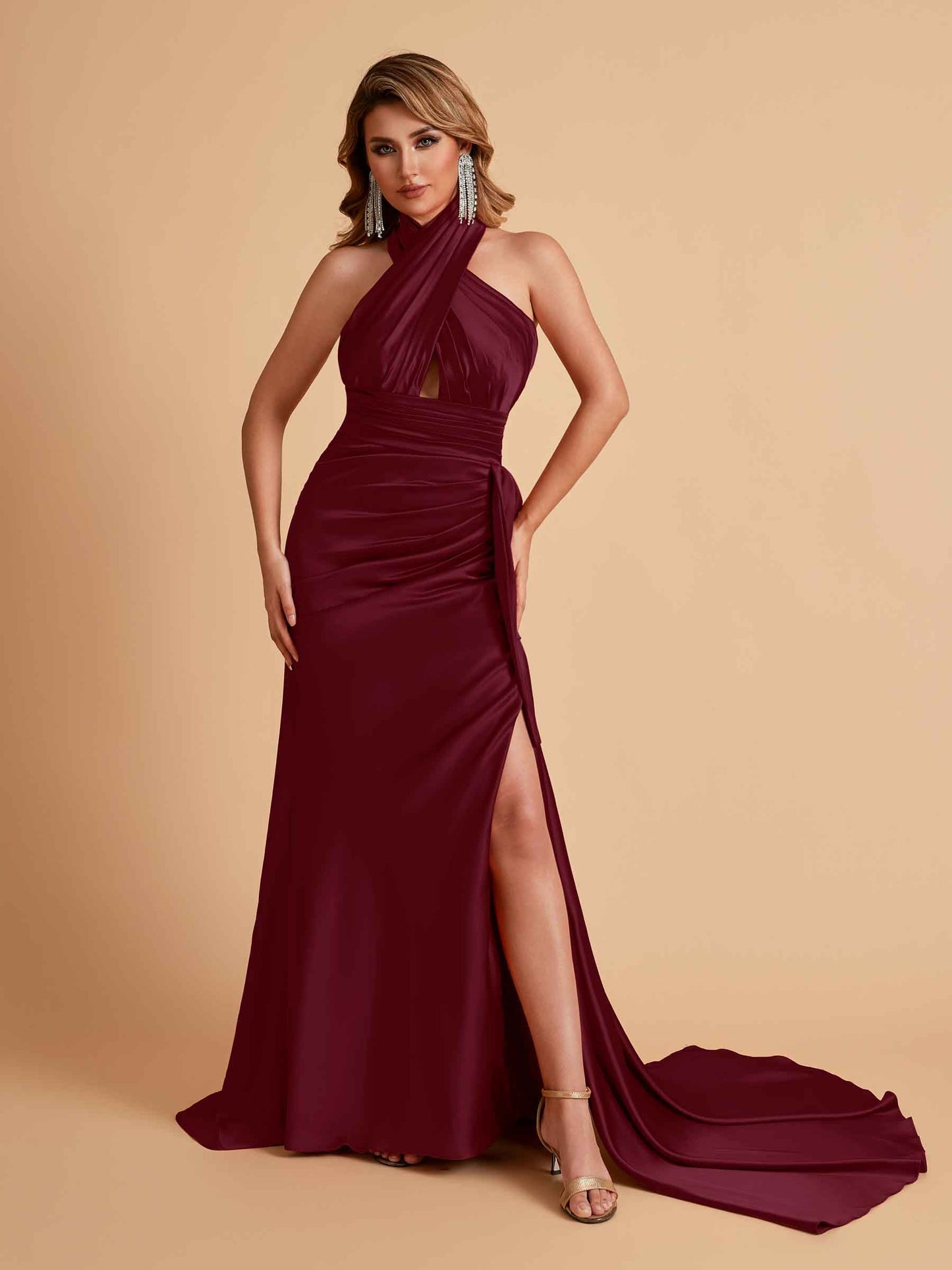 Elegant Satin Halter Pleats Side Slit Mermaid Bridesmaid Dresses Floor-Length