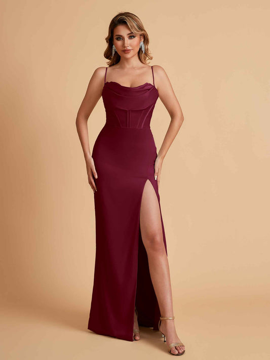 Elegant Satin Spaghetti Straps Mermaid Side Slit Floor Length Bridesmaid Dresses