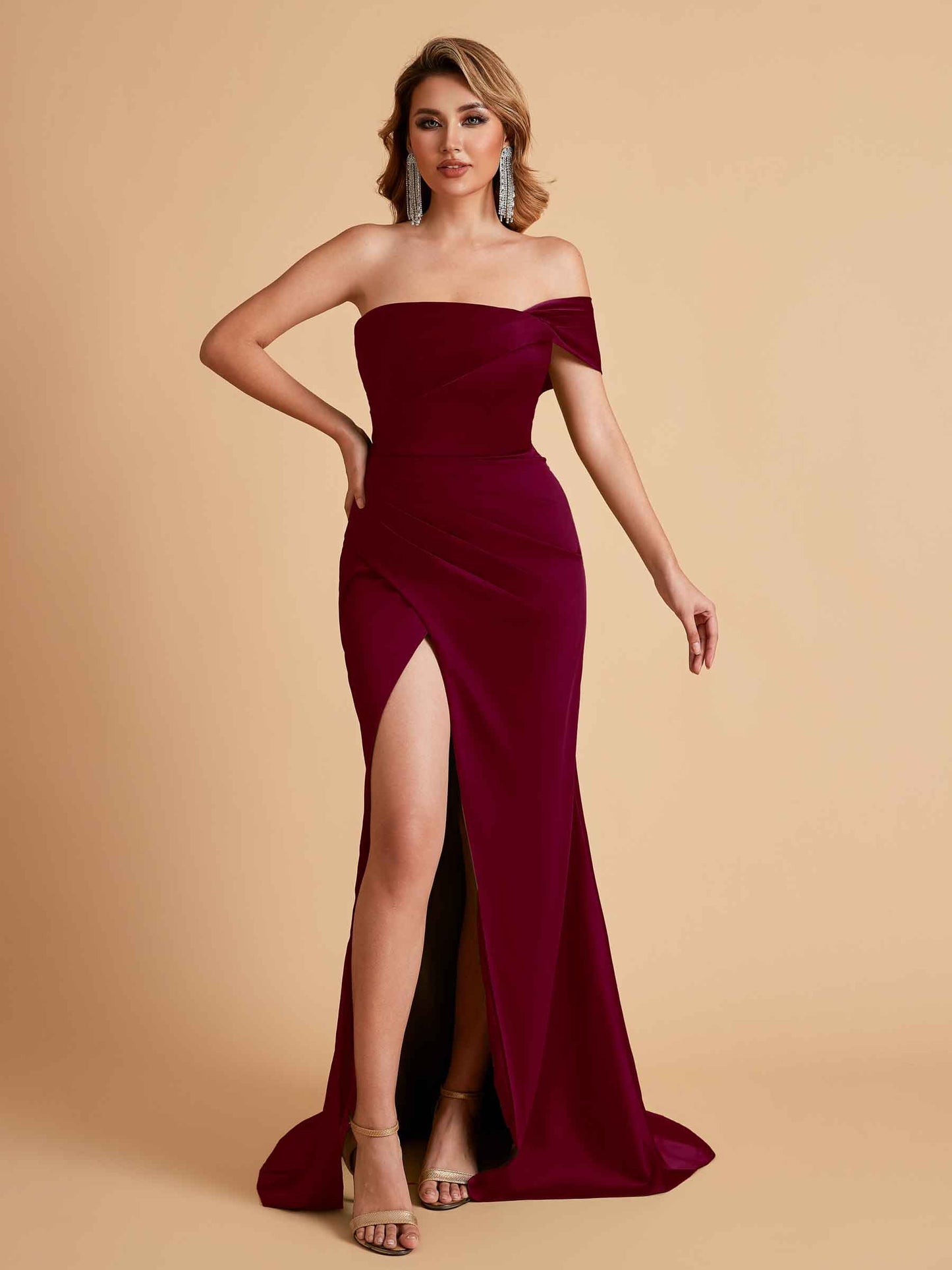 Sexy Satin One Shoulder Pleats Mermaid Bridesmaid Dresses Side Slit Floor Length