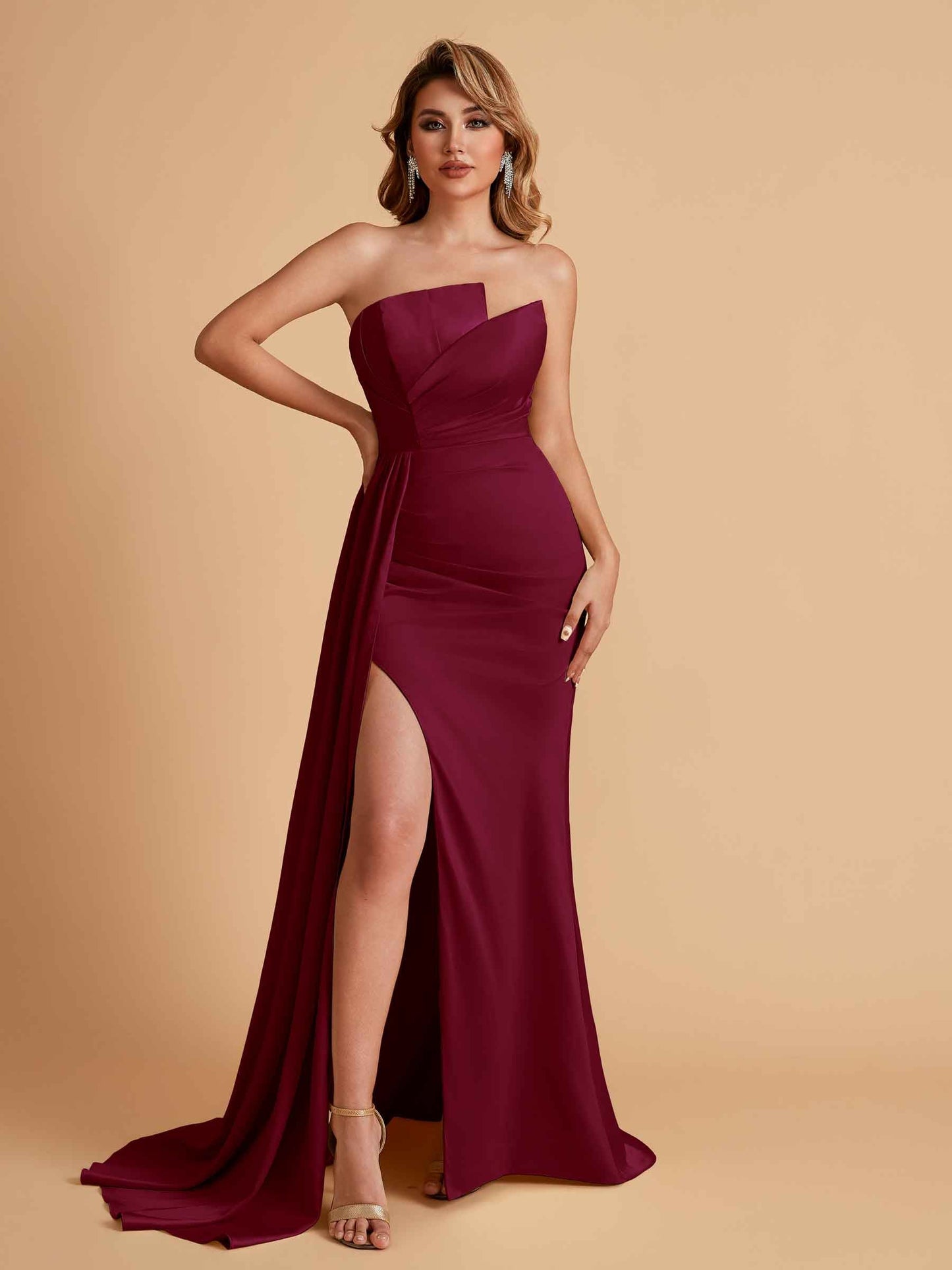 Elegant Satin Sleeveless Asymmetrical Mermaid Side Slit Floor Length Bridesmaid Dresses