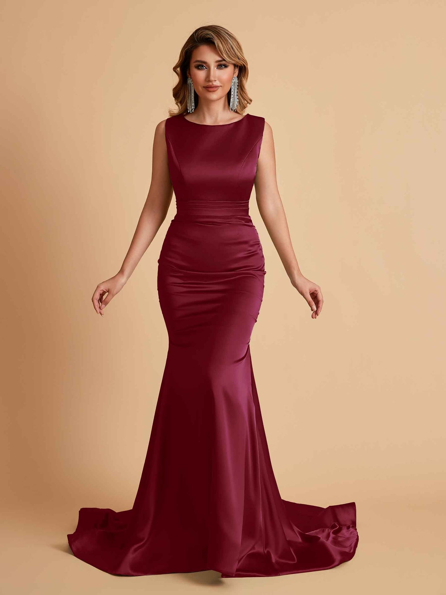 Elegant Satin Sleeveless Pleats Mermaid Bridesmaid Dresses Floor Length