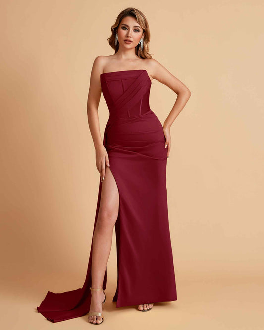 Elegant Satin Straight Neck Mermaid Side Slit Floor Length Bridesmaid Dresses