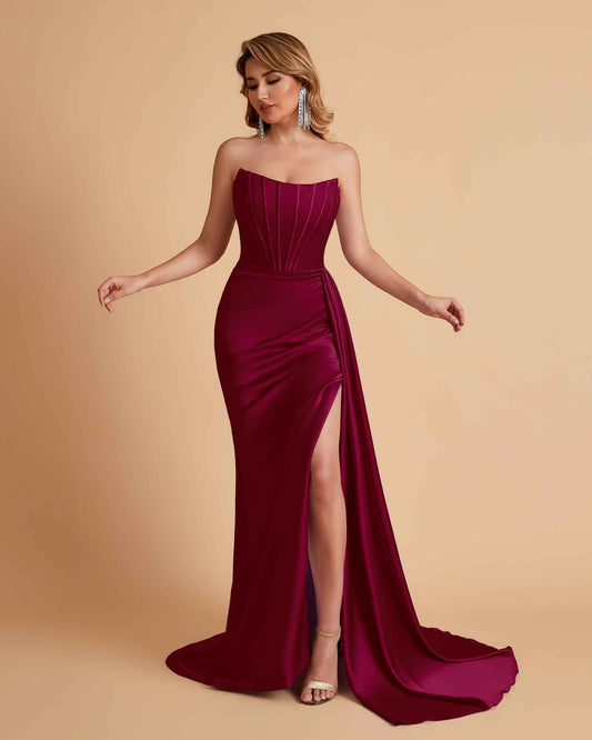 Sexy Satin Sleeveless Pleats Mermaid Bridesmaid Dresses Side Slit Floor Length