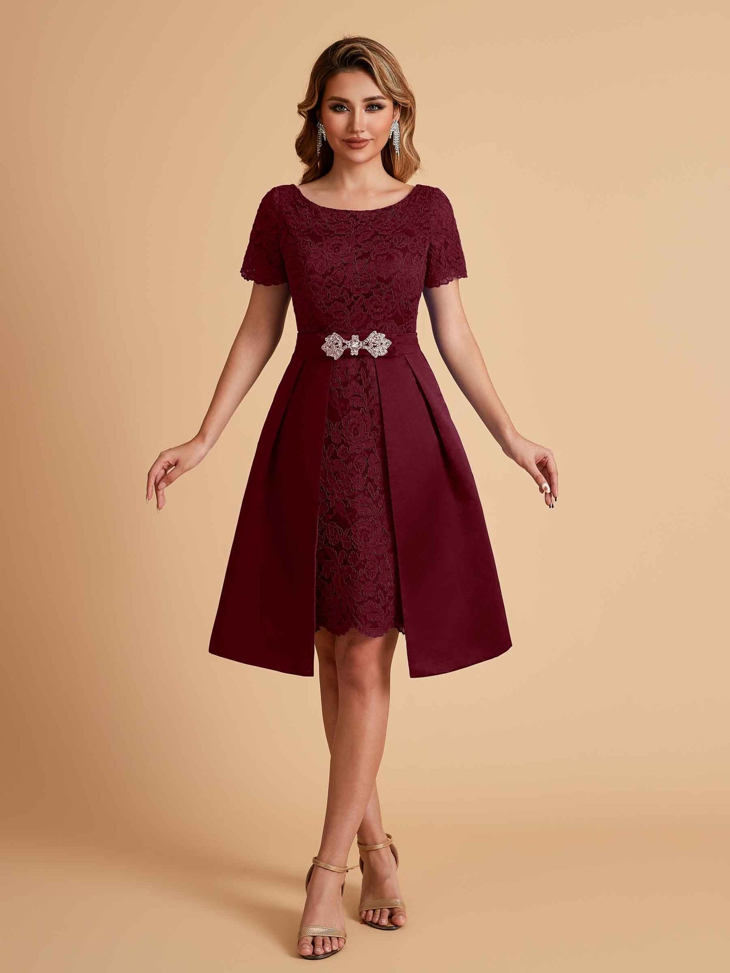 Elegant A-line Short Sleeves Jewel Knee Length Mother of the Brides Dresses