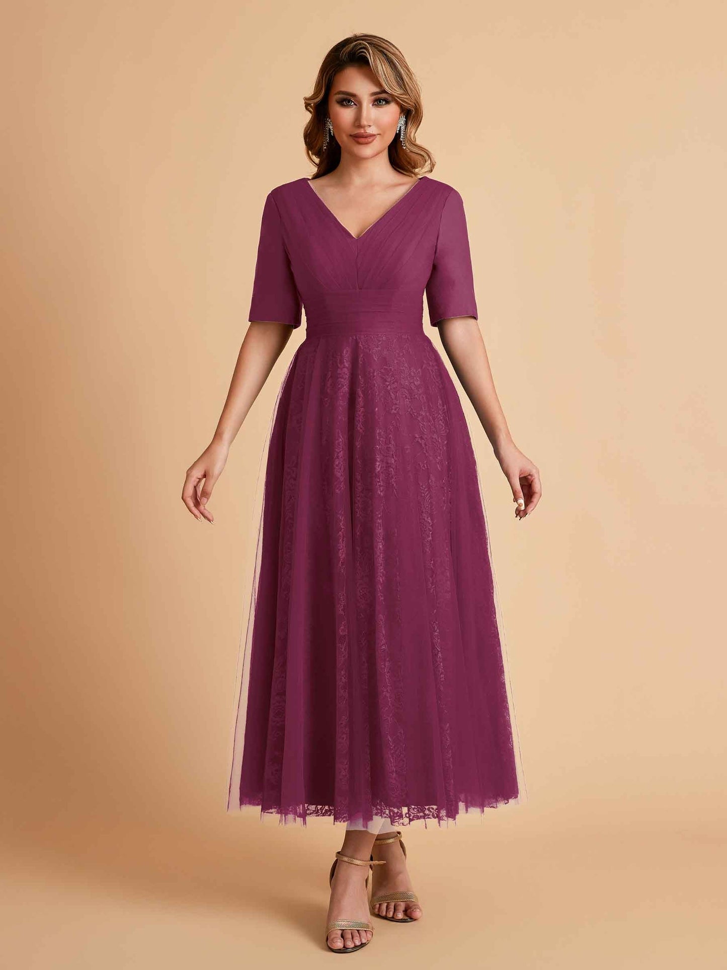 Elegant A-line Half Sleeves V-neck Mother of the Brides Dresses Online
