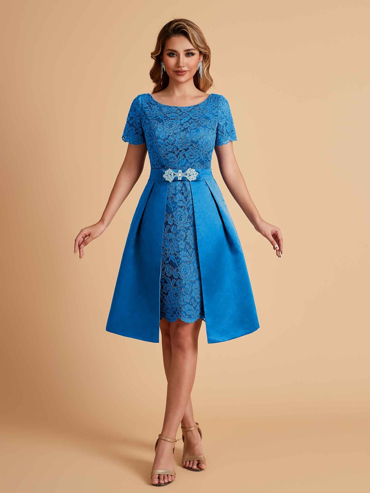 Elegant A-line Short Sleeves Jewel Knee Length Mother of the Brides Dresses