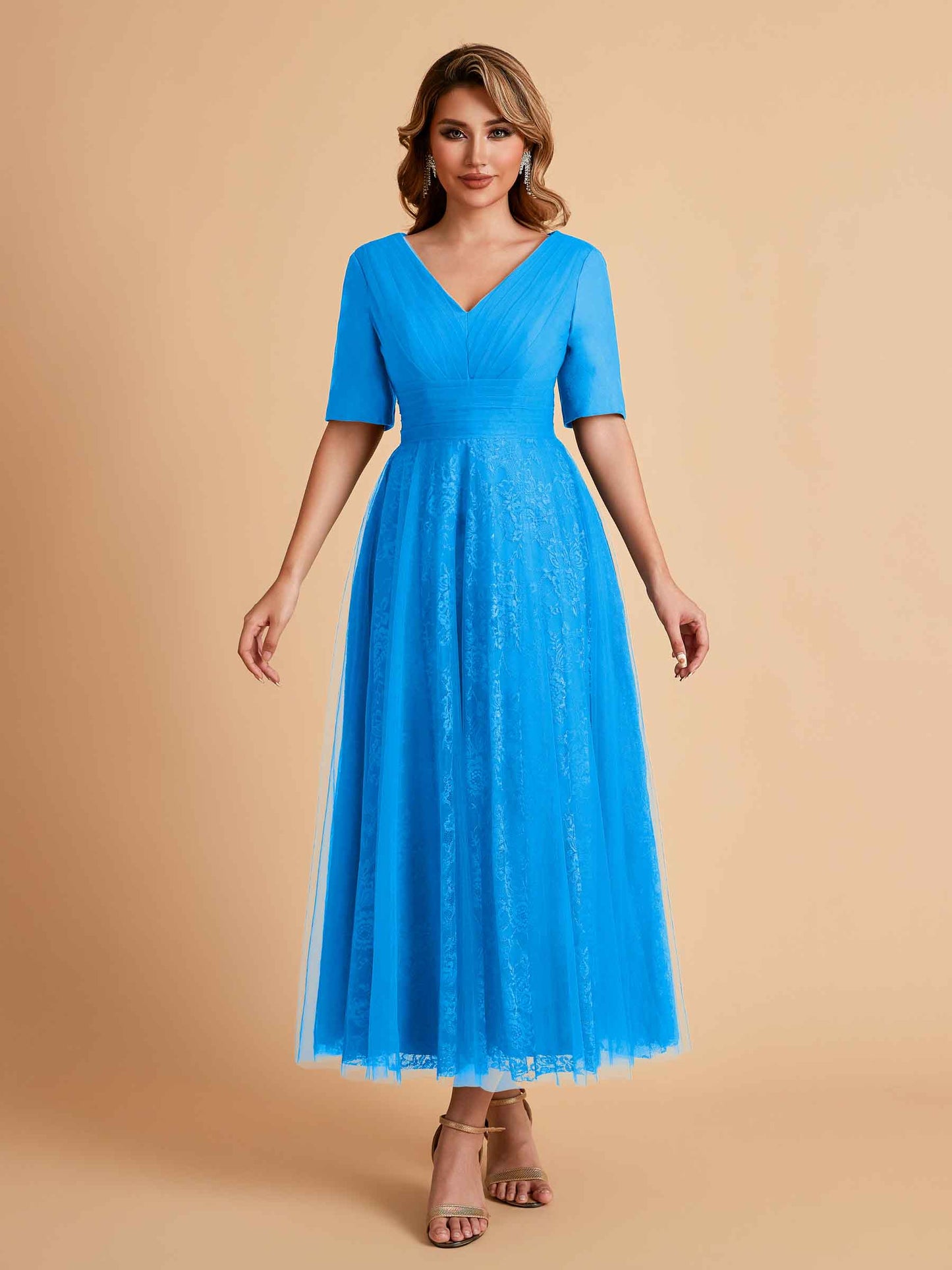 Elegant A-line Half Sleeves V-neck Mother of the Brides Dresses Online