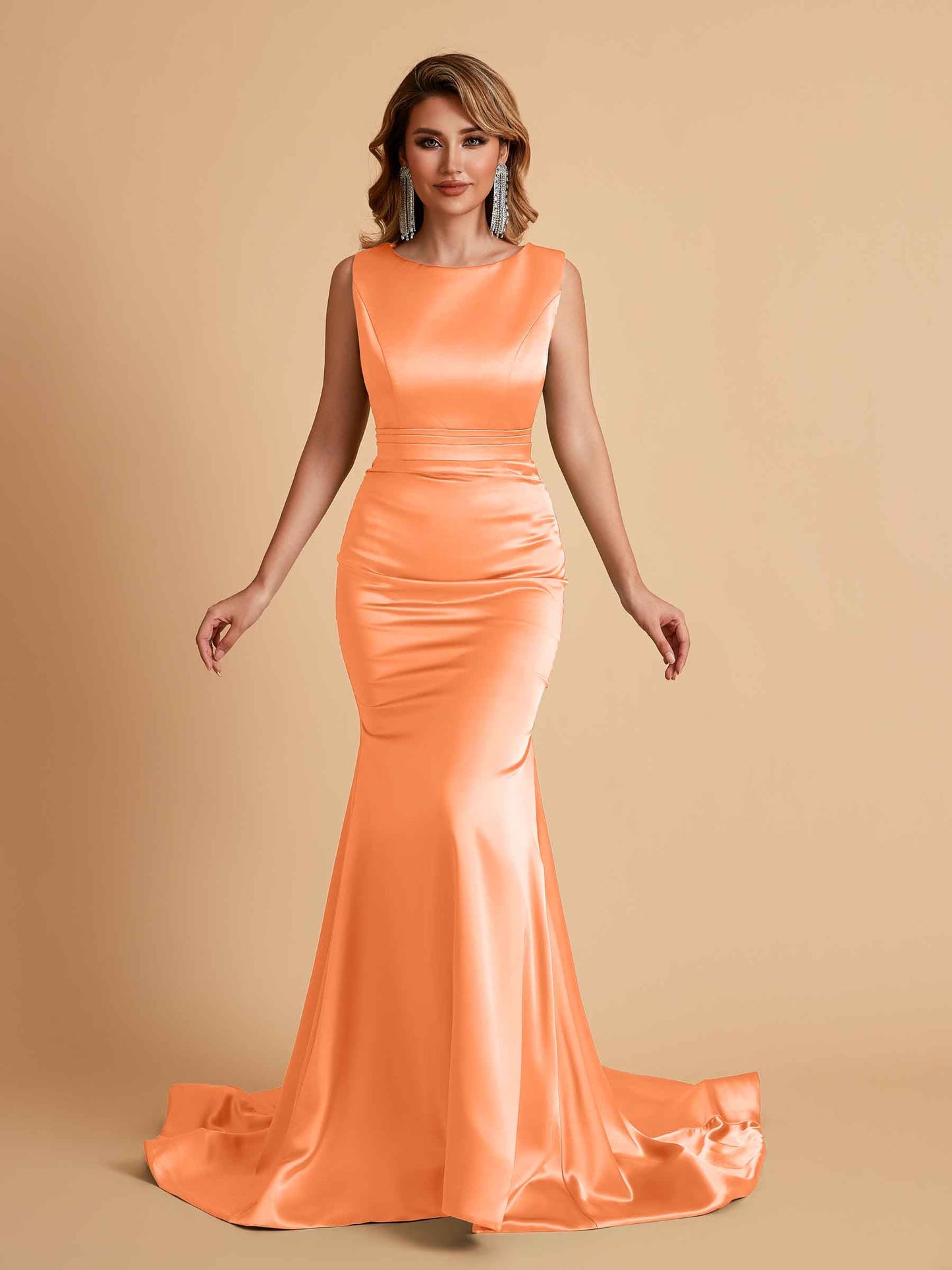 Elegant Satin Sleeveless Pleats Mermaid Bridesmaid Dresses Floor Length