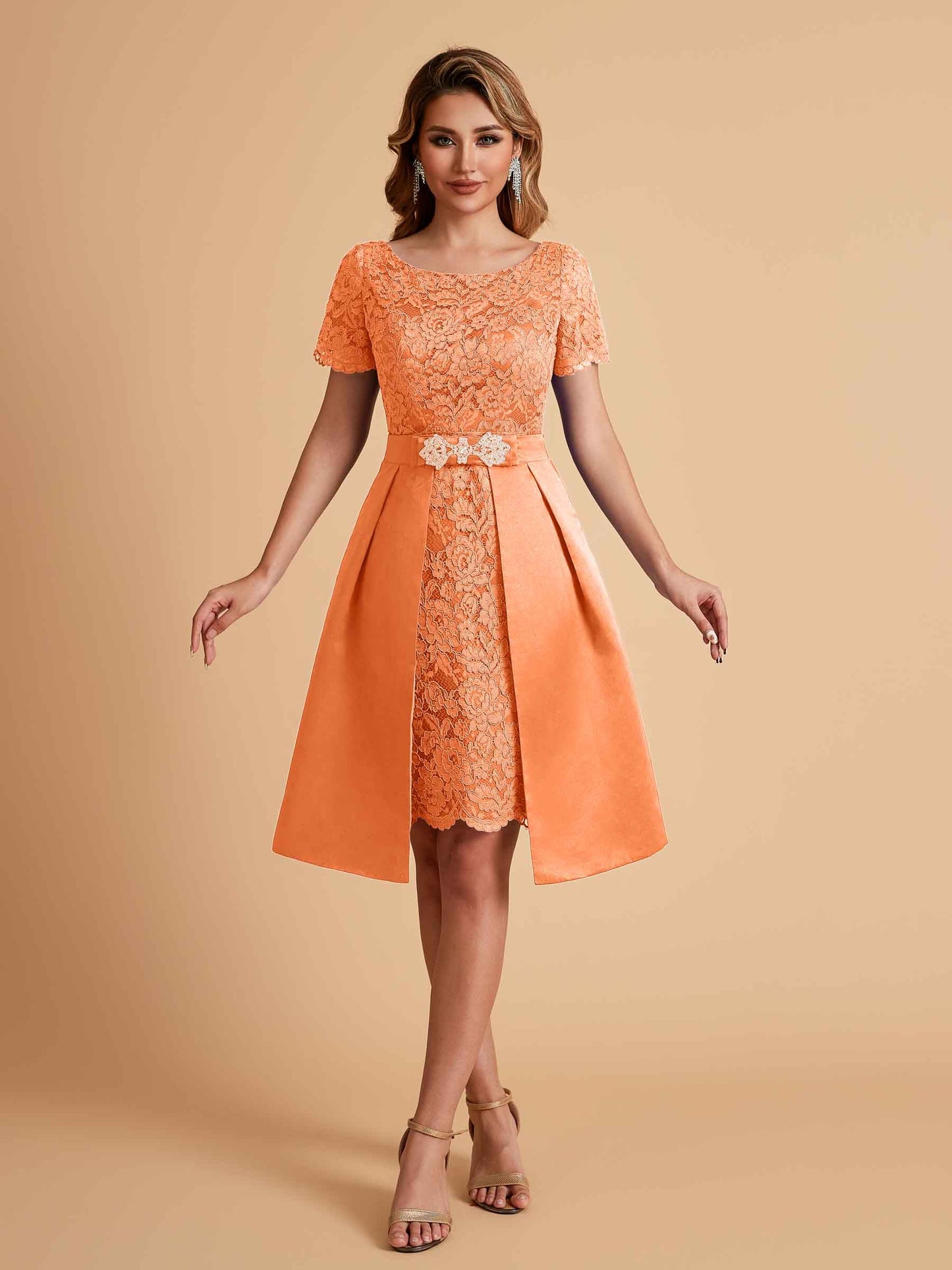 Elegant A-line Short Sleeves Jewel Knee Length Mother of the Brides Dresses
