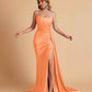 Sexy Satin Sleeveless Pleats Mermaid Bridesmaid Dresses Side Slit Floor Length