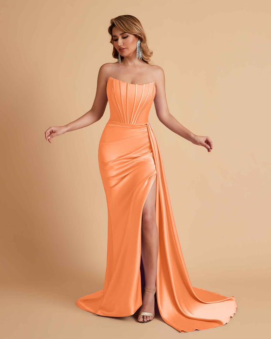 Sexy Satin Sleeveless Pleats Mermaid Bridesmaid Dresses Side Slit Floor Length