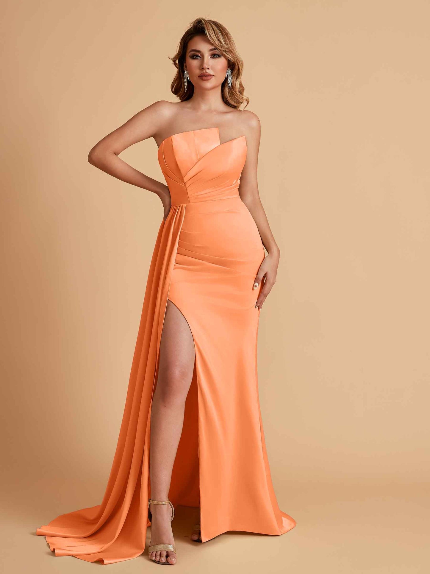 Elegant Satin Sleeveless Asymmetrical Mermaid Side Slit Floor Length Bridesmaid Dresses