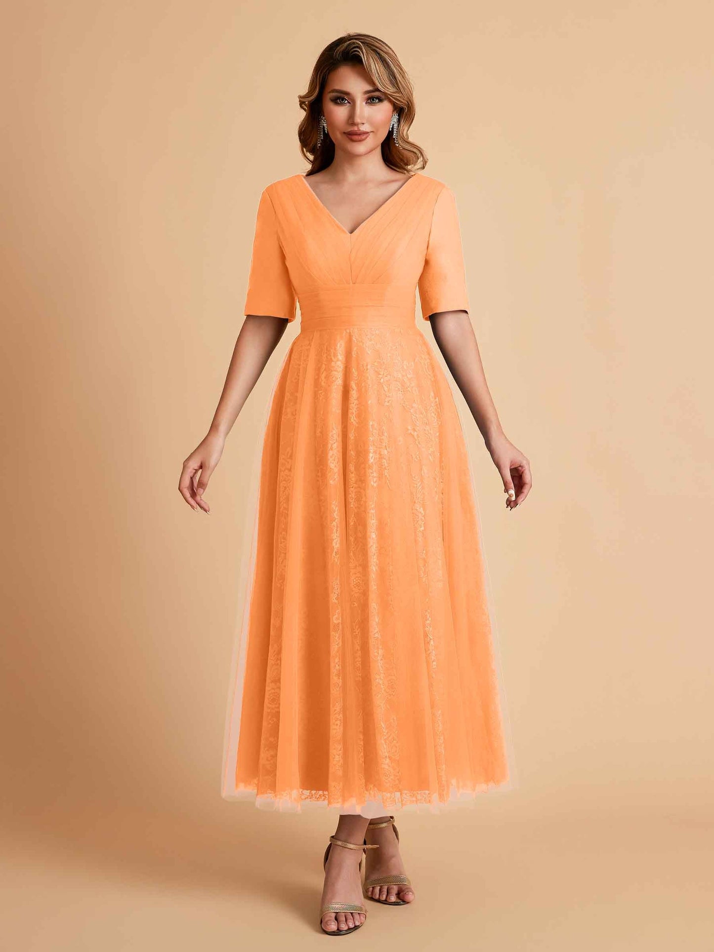 Elegant A-line Half Sleeves V-neck Mother of the Brides Dresses Online