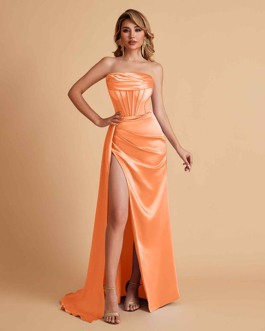 Sexy Satin Strapless Pleats Mermaid Bridesmaid Dresses Side Slit Floor Length