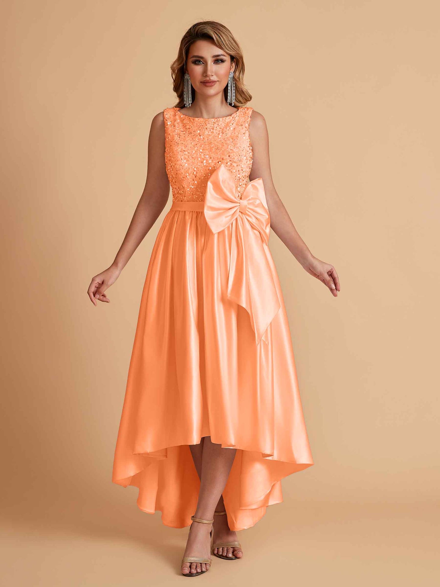 Sparkly Satin Sleeveless Pleats A-line Bridesmaid Dresses High-Low