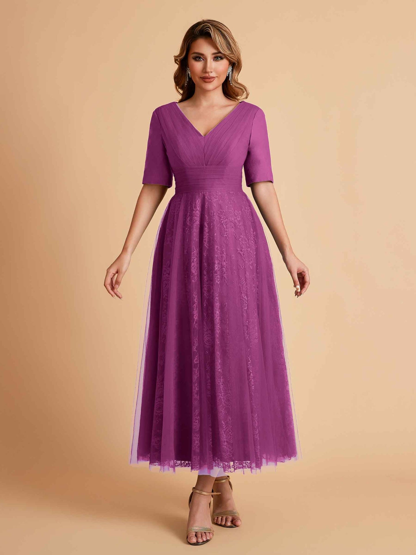 Elegant A-line Half Sleeves V-neck Mother of the Brides Dresses Online