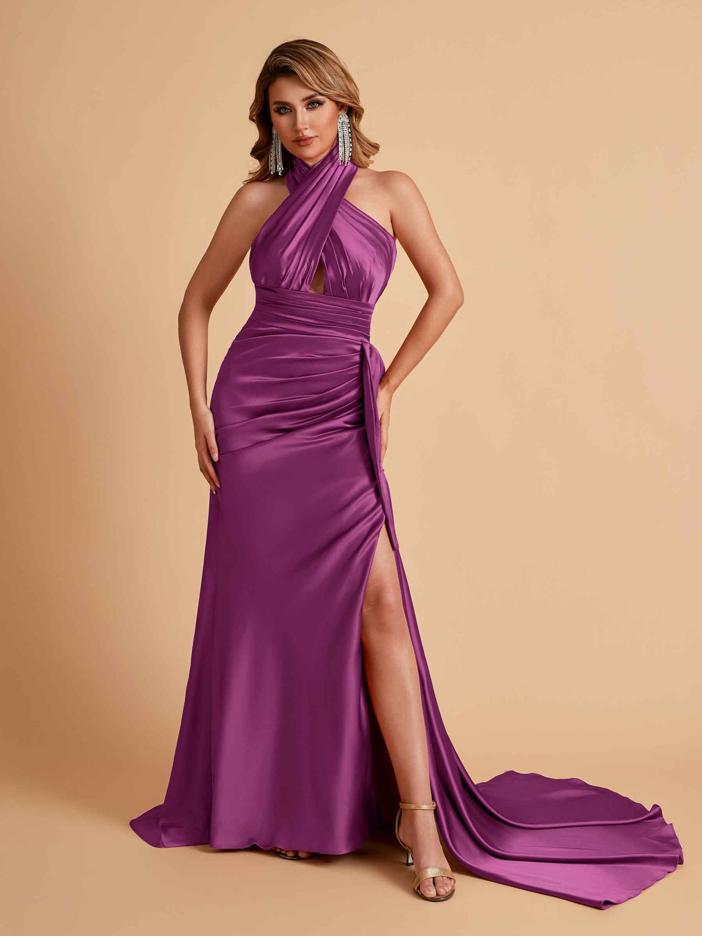 Elegant Satin Halter Pleats Side Slit Mermaid Bridesmaid Dresses Floor-Length