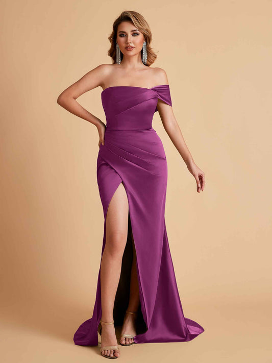 Sexy Satin One Shoulder Pleats Mermaid Bridesmaid Dresses Side Slit Floor Length