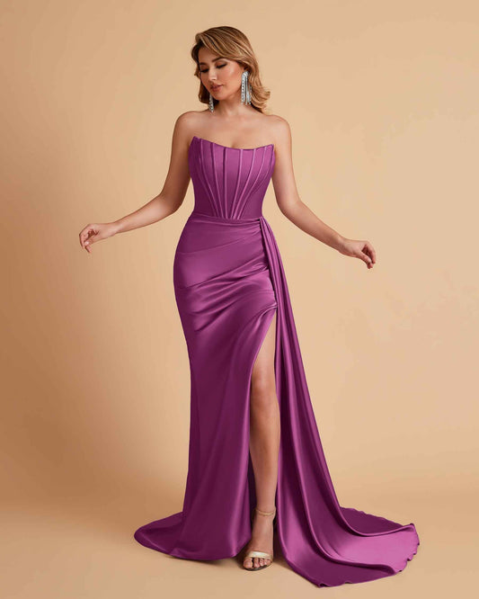 Sexy Satin Sleeveless Pleats Mermaid Bridesmaid Dresses Side Slit Floor Length