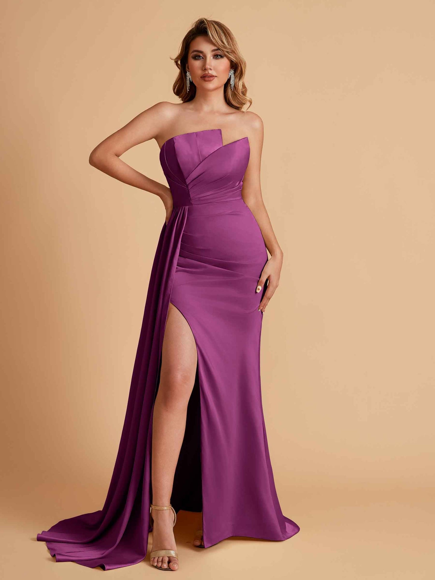 Elegant Satin Sleeveless Asymmetrical Mermaid Side Slit Floor Length Bridesmaid Dresses